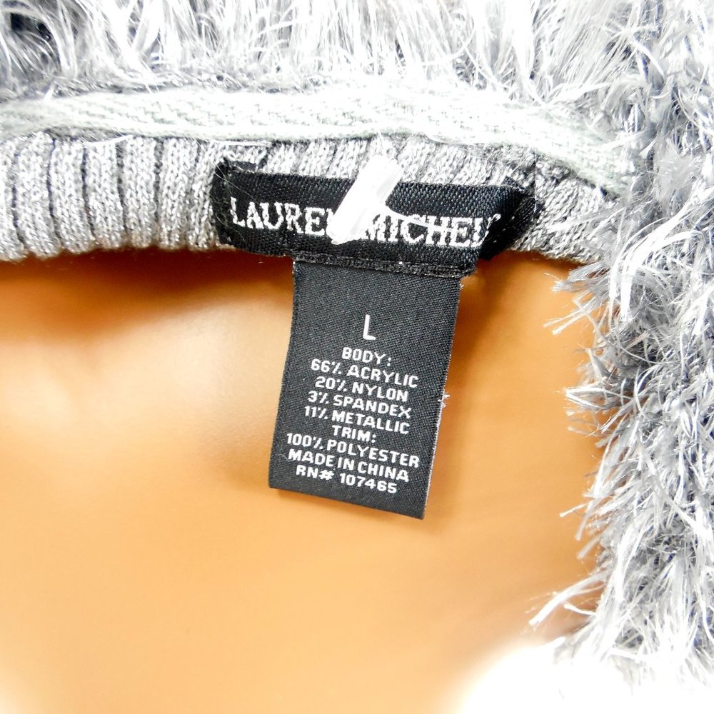 LAUREN MICHELE Top L Cardigan Sweater Silver Gray Metallic Faux Fur Stretch Knit - Picture 10 of 11